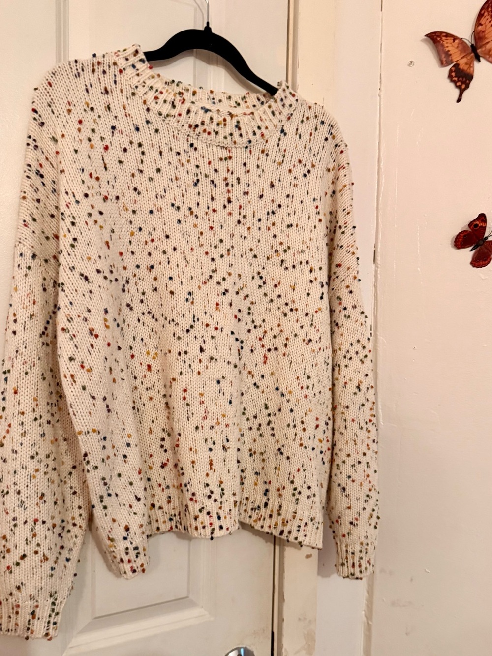Handmade Cozy Cream Speckled Knit Sweater - Women's Crewneck